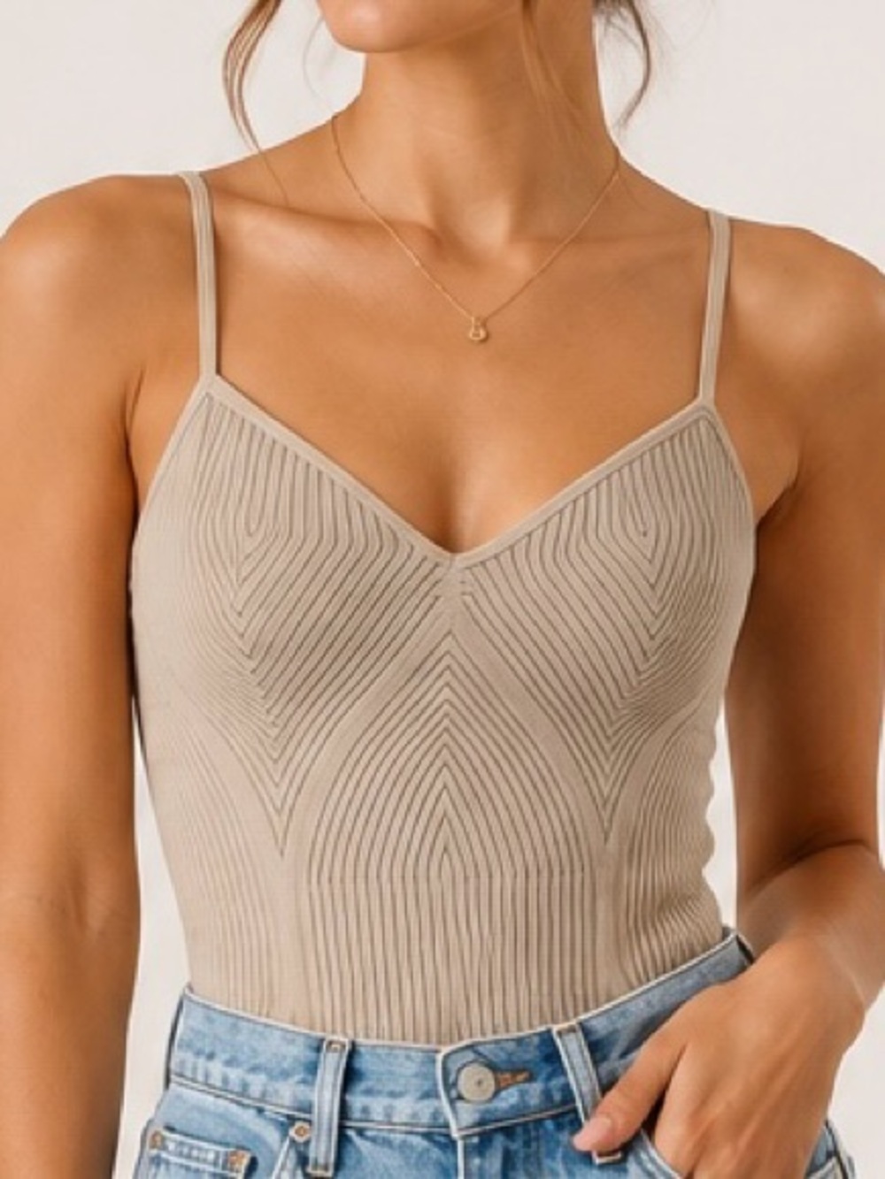 Dynamite Beige Ribbed V-Neck Bodysuit